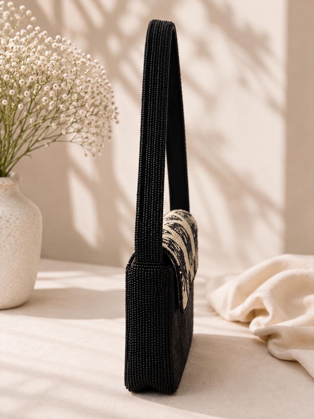 Handmade Black Ivory Floral Beaded Shoulder Bag – Elegant Evening Purse