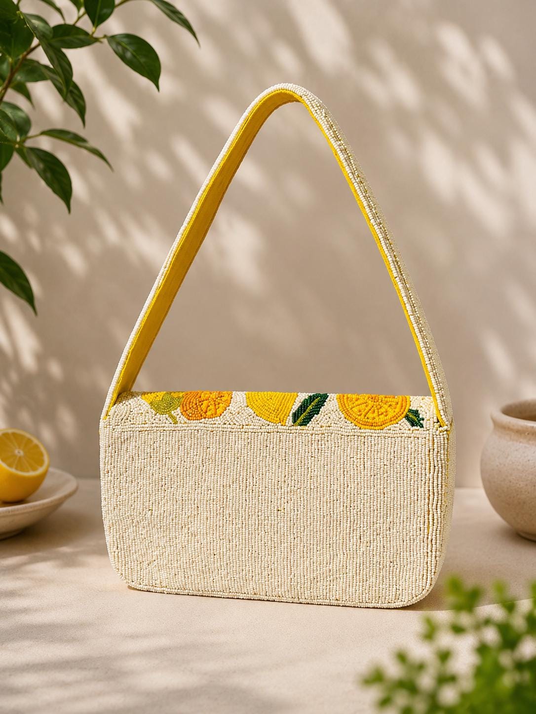 Handmade Lemon Beaded Shoulder Bag, White Seed Bead Citrus Purse, Summer Vacation Statement Bag