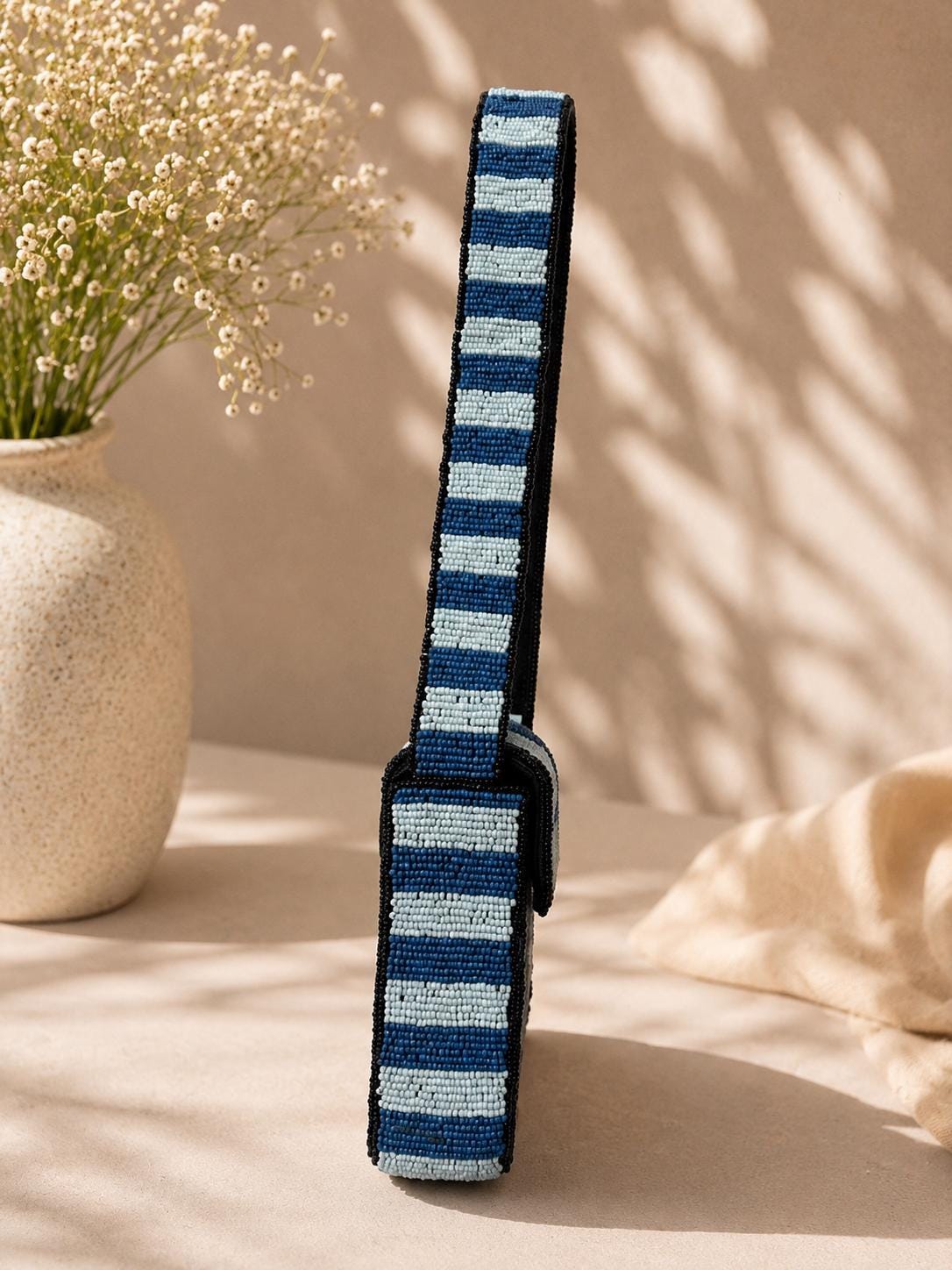 Handmade Beaded Dog Shoulder Bag – Blue Checkered Puppy Purse Statement Accessory