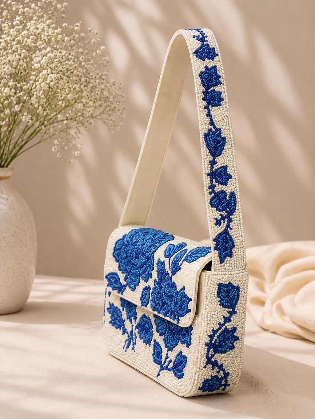 Handmade Blue Floral Beaded Shoulder Bag – Ivory Statement Purse, Artisan Accessory