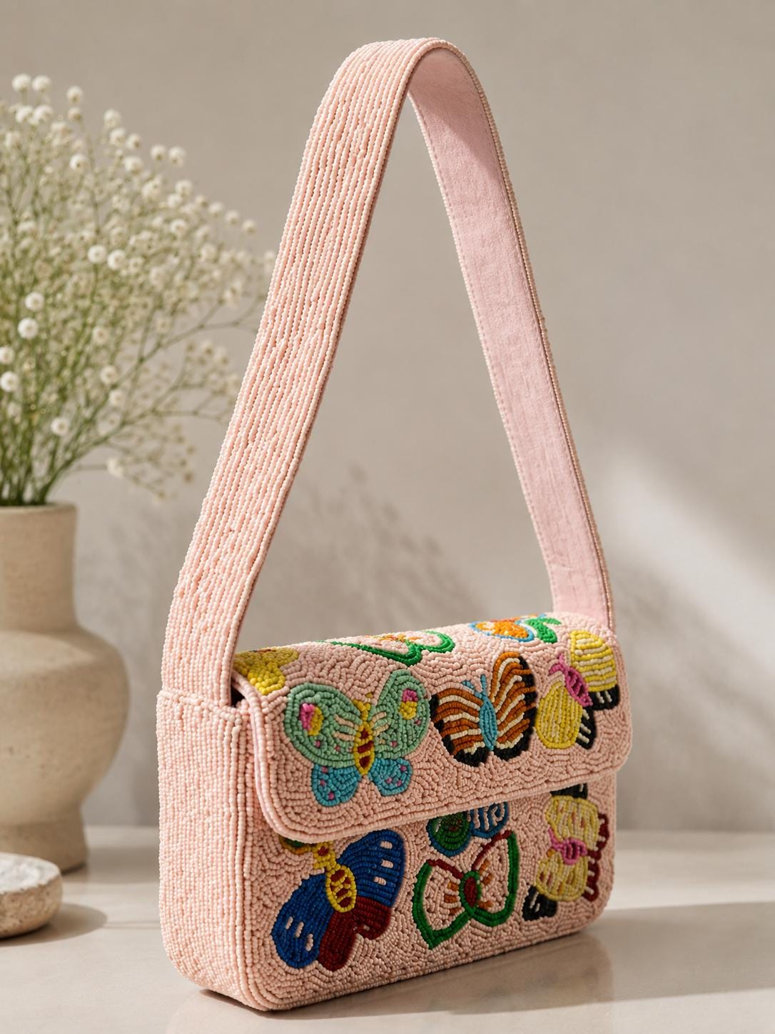 Handmade Pink Beaded Butterfly Shoulder Bag | Artisan Seed Bead Handbag | gift for her
