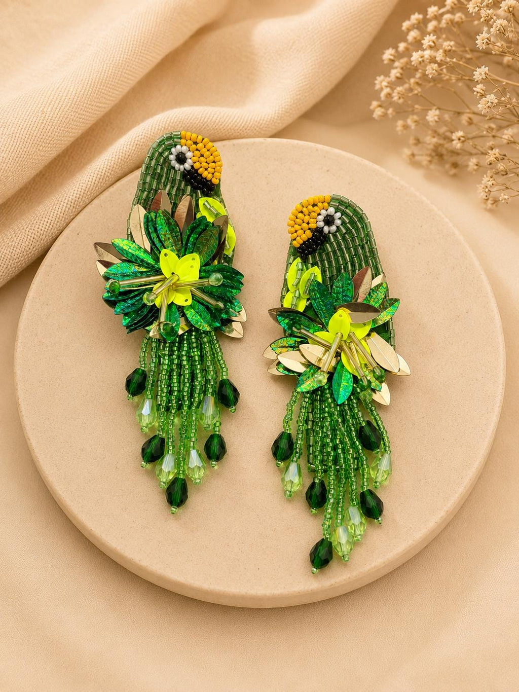Handmade Beaded Parrot Earrings, Colourful Floral Boho Statement Jewellery, sequin earrings