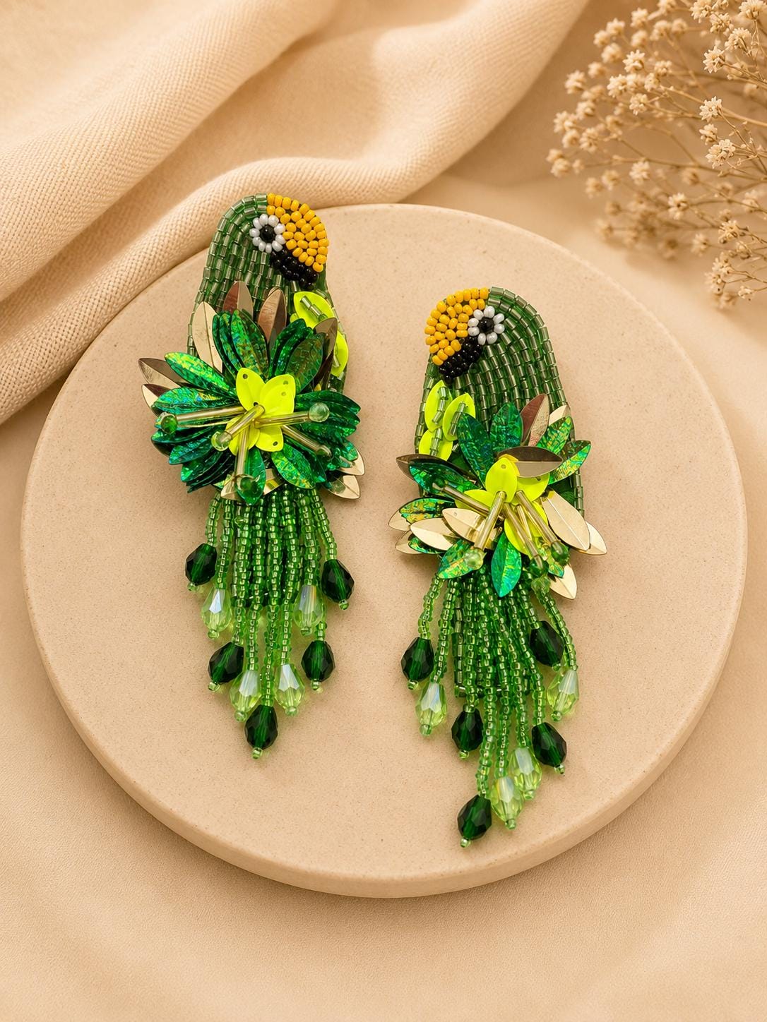 Handmade Beaded Parrot Earrings, Colourful Floral Boho Statement Jewellery, sequin earrings