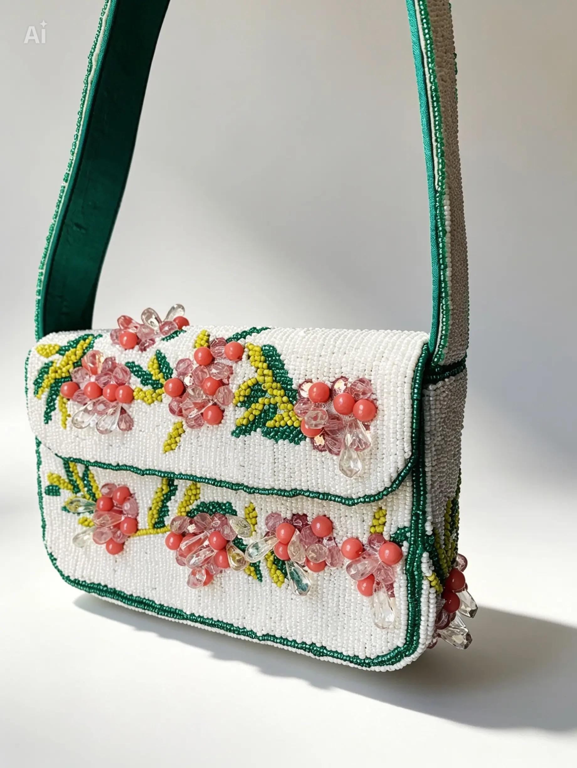Handmade White Seed Bead Floral Bag, Pink Crystal Flower Shoulder Handbag
