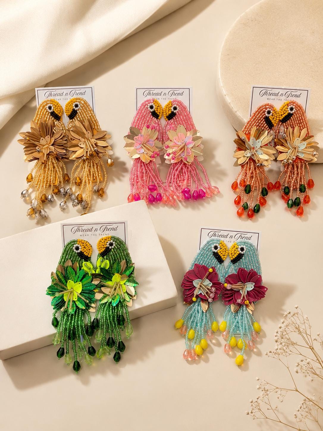 Handmade Beaded Parrot Earrings, Colourful Floral Boho Statement Jewellery, sequin earrings